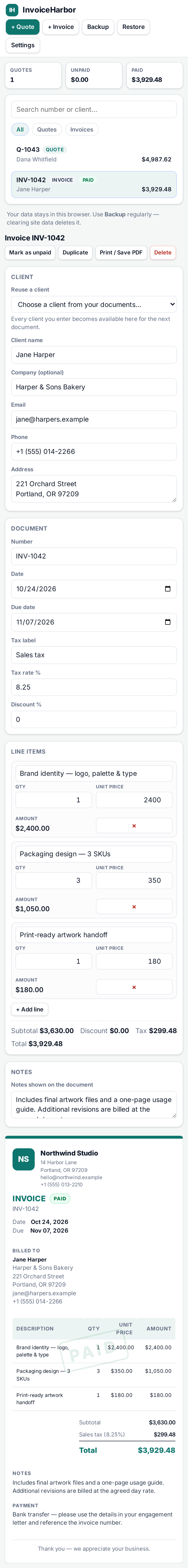 InvoiceHarbor's editor on a narrow mobile screen