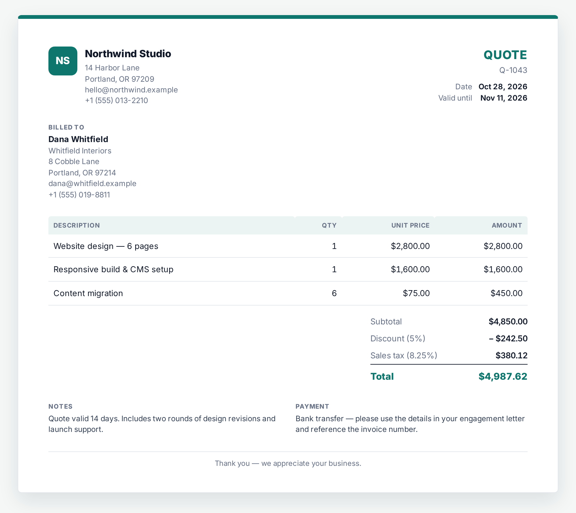 A quote document with line items, a 5% discount and tax